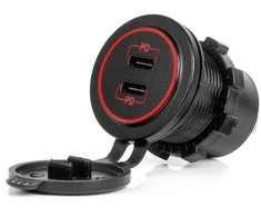Vandeniui atsparus telefono įkroviklis su raudonu LED apšvietimu, 2xUSB-C 12/24V AMIO-04223
