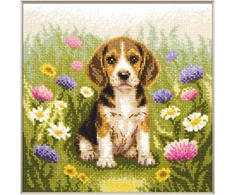 Aine Siuvinėjimo kryželiu rinkinys „Meadow Pup“ – bigliukas pievoje, 20 x 20 cm