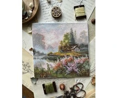 Andriana Siuvinėjimo rinkinys kryželiu „Rūko žemė“, 19x19 cm – ramus peizažas