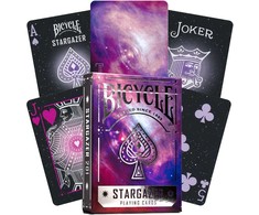 Bicycle Stargazer 201 purpurinės kortos – kosminis dizainas, pokeriui ir triukams