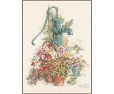 Lanarte Kryželiu siuvinėjimo rinkinys „Paukščiai prie vandens siurblio“, 29x39 cm