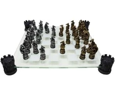 Mysticallstm Mayer Chess Drakonų fantazijos šachmatai su stikline lenta 42×42 cm, rankomis dažyti