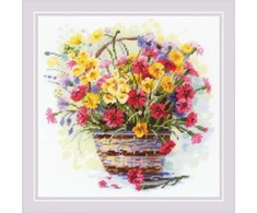 Riolis Siuvinėjimo kryželiu rinkinys „Žydinti vasara“ – gėlių krepšelis 25 x 25 cm