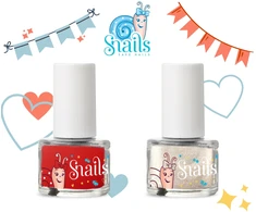 Snails Mini Žaisk rinkinys vaikams – vandens pagrindo nagų lakai, raudona + balta su blizgučiu, 2x7 ml, su dovanų maišeliu