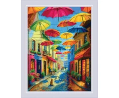 Spalvotų skėčių kryželiu siuvinėjimo rinkinys AIDA 30x40 cm RIOLIS