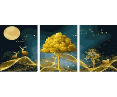 SuperColor Tapyba Pagal Skaičius: „Auksiniai medžiai ir elniai“ (trijų dalių) 40x50 cm