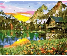 SuperColor Tapyba Pagal Skaičius: „Kalnų trobelės prie ežero saulėlydyje“ 40x50 cm