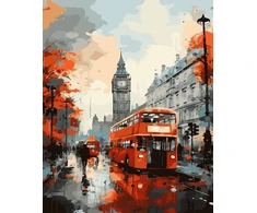 SuperColor Tapyba Pagal Skaičius: „Raudonas dviaukštis autobusas Londono lietuje“ 40x50 cm