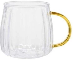 Grooved latte glass with a auksinis-coloured handle CHiATO, 400 ml – Transparent