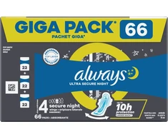 Always Ultra Secure Night Size 4 Higieniniai Paketai su Sparneliais, 66 vnt.