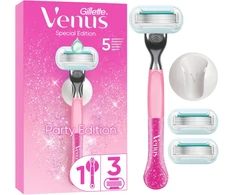 Gillette Venus Party Edition skustuvas, 3 keičiamos skustuvo galvutės, sieninis laikiklis