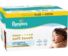 Pampers Aqua Soft Touch Servetėlės Kūdikiams, 9 Pakuotė, 432 Servetėlės