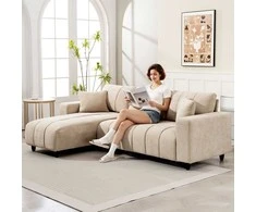 Aosom Kampinė sofa, L formos 3 vietų su lanksčia šezlongu, 242x156x87 cm, smėlio spalvos, metalinis rėmas