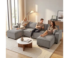 Aosom Kampinė sofa U formos sofa su dviem chaise lounge 311x154x91 cm šviesiai pilka korduro audinys