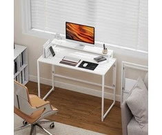 Aosom Sulankstomas rašomasis stalas 100x48x87,5 cm baltas, monitoriaus stovas, MDF