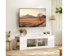 Aosom TV staliukas, 140x35x42,5 cm, balta, medžio drožlių plokštė ir stiklas