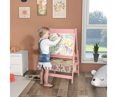 Aosom Vaikiška molbertas 3-in-1 su popieriaus ritiniu, kreidų lenta, baltoji lenta, laikymo krepšeliai, 54x46.5x93 cm, rožinė mediena