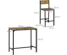 HOMCOM 3 dalių baro komplektas, stalviršis, 2 kėdės, MDF, metalinis rėmas, atsparus vandeniui, rudas