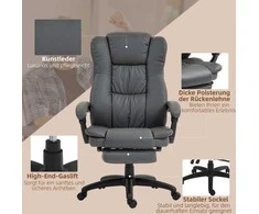 "Vinsetto" biuro kėdė vadovų kėdė sukamoji kėdė pakeliama su kojų atramomis galvos atrama ergonominė kėdė vibracinė biuro kėdė su atsilenkimo funkcija masažo funkcija dirbtinės odos imitacija tamsiai pilka 68.5x68.5x113-121cm