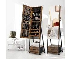 Promotions Papuošalų spintelė, mobilus stovintis su užrakinamais ratais ir pilno ilgio veidrodžiu, 41.9x38.1x157.5 cm, ruda balta