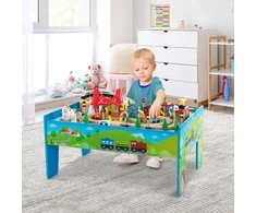 Promotions Medinė traukinių rinkinys su stalu, 82,6x59,7x40,6 cm, daugi spalvė
