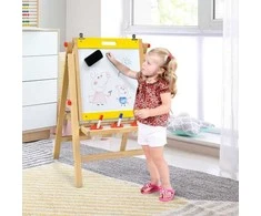 Promotions Vaikų molbertas, 3-in-1 medinis su dvigubomis lentomis ir laikymo dėklu, 52x45x79-104 cm, geltonas