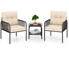 Lauko baldų komplektas Promotions Terasos bistro baldų komplektas, 3 dalių, 66x58.4x76.2 cm kėdės, 43.2x43.2x43.2 cm stalas, juodas rotangas, smėlio spalvos pagalvėlės