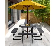 Promotions Lauko pikniko stalas su 4 suolais ir skėčio anga, 170.2x170.2x76.2 cm, juodas