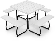 Promotions Lauko pikniko stalas su 4 suolais ir skėčio anga, 170.2x170.2x76.2 cm, baltas