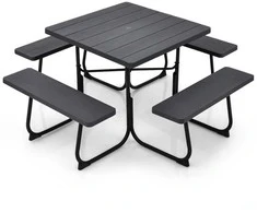Promotions Lauko pikniko stalas su 4 suolais ir skėčio anga, 170.2x170.2x76.2 cm, juodas