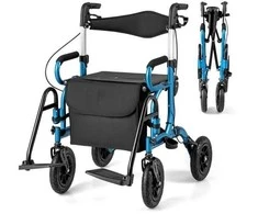 Promotions Rolatorius vaikštynė, 2-in-1 Sulankstomas su sėdyne ir pneumatiniais ratais, 64x103x59 cm, Tamsiai mėlynas