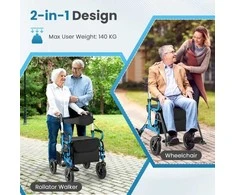 Promotions Rolatorius vaikštynė, 2-in-1 Sulankstomas su sėdyne ir pneumatiniais ratais, 64x103x59 cm, Tamsiai mėlynas