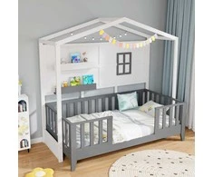 Promotions Vaikiška lova, medinė namelio formos lova, 208x105,5x195 cm, balta ir pilka