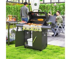 Outsunny dujinis grilis 12 KW grilio vežimėlis su 5 degikliais, šonine virykle, ratukais, slėgio reduktoriumi, dangčiu, dujų žarna, 2 kaitinimo zonomis, termometru, šoninėmis lentynėlėmis, BBQ sodo grilis balkonui, grilis 135 x 54 x 110 cm