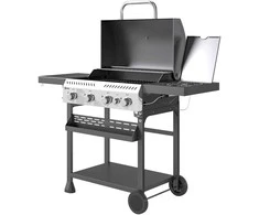 Outsunny dujinės kepsninės vežimėlis 12 KW 4+1 degiklis BBQ grilis iš nerūdijančio plieno, su šoniniu degikliu, termometru, grotelėmis, virykle, butelių atidarytuvu, šoninėmis lentynomis, dujinis grilis balkonui, stovyklavimui, 135 x 55 x 103 cm