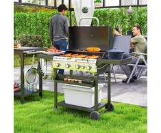 Outsunny dujinės kepsninės vežimėlis 12 KW 4+1 degiklis BBQ grilis iš nerūdijančio plieno, su šoniniu degikliu, termometru, grotelėmis, virykle, butelių atidarytuvu, šoninėmis lentynomis, dujinis grilis balkonui, stovyklavimui, 135 x 55 x 103 cm