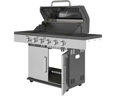 Outsunny dujinis grilis 8500BTU, grilio vežimėlis su 6 nerūdijančio plieno degikliais, ratukai, termometras, slėgio reduktorius, dujų žarna, dangtis, šoninės lentynos, kepsninė sodo grilis balkonui, kempingo grilis 141 x 55 x 110 cm