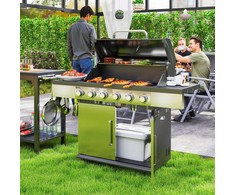 Outsunny dujinis grilis 8500BTU, grilio vežimėlis su 6 nerūdijančio plieno degikliais, ratukai, termometras, slėgio reduktorius, dujų žarna, dangtis, šoninės lentynos, kepsninė sodo grilis balkonui, kempingo grilis 141 x 55 x 110 cm