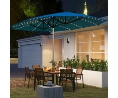 Outsunny Dvigubas Skėtis nuo Saulės su Saulės LED Šviesomis 451x267 cm Aliuminis UV 50+ Skėtis nuo Saulės su Rankena, Atsparus Vėjui Skėtis Balkonui, Skėtis nuo Saulės Paplūdimiui, Balkonui, Sodo, Mėlynas