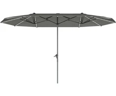 Outsunny dvigubas saulės skėtis su saulės LED lemputėmis 451x267 cm, aliuminis, UV 50+ apsauga, su rankena, balkono skėtis atsparus vėjui, turgavietės skėtis, apsauga nuo saulės paplūdimiui, balkonui, sodui, tamsiai pilkas