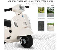 Homcom VESPA elektrinis motociklas vaikams, 18-36 mėn., 3 km/val., LED šviesa ir garsas, PP plastikas ir metalas, baltas, 66,5x38x52 cm