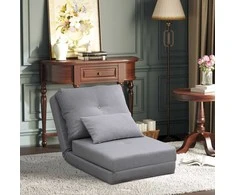 Fotelis HOMCOM 2-in-1 sulankstomas grindų krėslas-lova su reguliuojamu atlošu, grindų sofa su dekoratyvine pagalvėle, grindų sėdynės pagalvė svetainei, miegamajam, lino audinys, pilka spalva