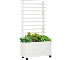 "Outsunny" sodinukų dėžė su grotelėmis, gėlių dėžė su ratukais, pakelta lysvė vijokliniams augalams, sodas, natūrali mediena, balta, 76 x 30 x 155 cm