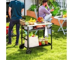"Outsunny" grilio vežimėlis 3 pakopų serviravimo vežimėlis su darbiniu paviršiumi, rankenomis, dangčiu, ratukais, reguliuojamo aukščio BBQ grilio stalas iš nerūdijančio plieno, grilio staliukas, lauko vežimėlis sodo kepsninei 100x52x80cm juodas