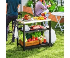 "Outsunny" kepsninės vežimėlis 3 pakopų serviravimo vežimėlis su darbiniu paviršiumi, lentynomis, kabliukais, ratukais, nerūdijančio plieno BBQ kepsninės stalas, kepsninės staliukas, lauko vežimėlis, medžio anglių kepsninė sodo kepsninei 102x50x81cm medžio anglių pilka