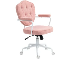 HOMCOM biuro kėdė, ergonomiška rašomojo stalo kėdė su supimosi funkcija, sagomis dekoruotas apmušalas, reguliuojamo aukščio kompiuterio kėdė su sukimosi funkcija, namų biurui, meškiuko kailio audinys, rožinė