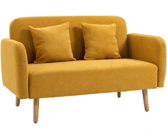 HOMCOM dvivietė sofa, loveseat su pagalvėmis, reguliuojamos pėdų atramos, veliūrinis poliesteris, porolonas, kompaktiško dizaino, 2 vietų, natūrali + geltona