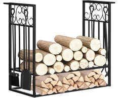 Homcom Metalinė malkų lentyna su židinio įrankiais - juoda 75 x 30 x 60 cm