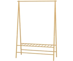 HOMCOM bambukinis drabužių stovas, kabykla su lentynomis ir kabliukais, drabužių kabykla su skersiniu, skirta koridoriui, svetainei, miegamajam, 116 x 43,5 x 160 cm, natūralaus medžio spalvos