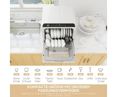 Stalų indaplovė HOMCOM, mini indaplovė su 6 litrų bakeliu, 5 programos, LED ekranas, džiovinimo funkcija, balta